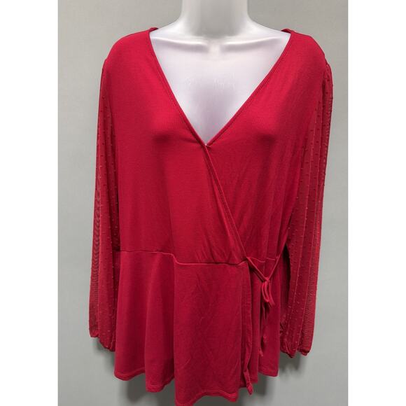 Maurices Tops - Maurices Red Surplice Tie Front Top Sheer Swiss Dot Sleeve Plus Size 1X